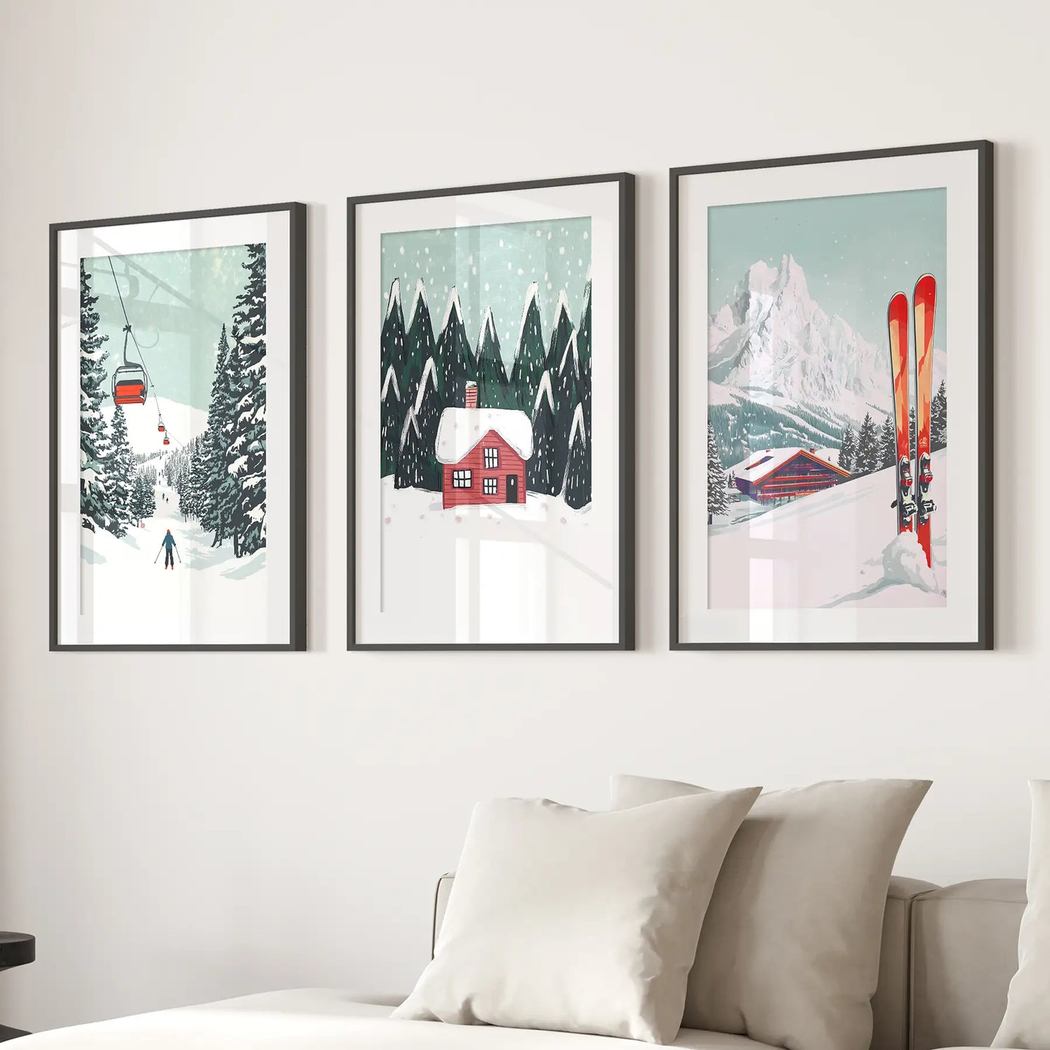 Ski Lifts, Cozy Cabin, and Snowy Peaks Wall Art