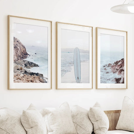 3 Piece Surf Wall Art. Surfboard, Blue Ocean Beach, Rocks