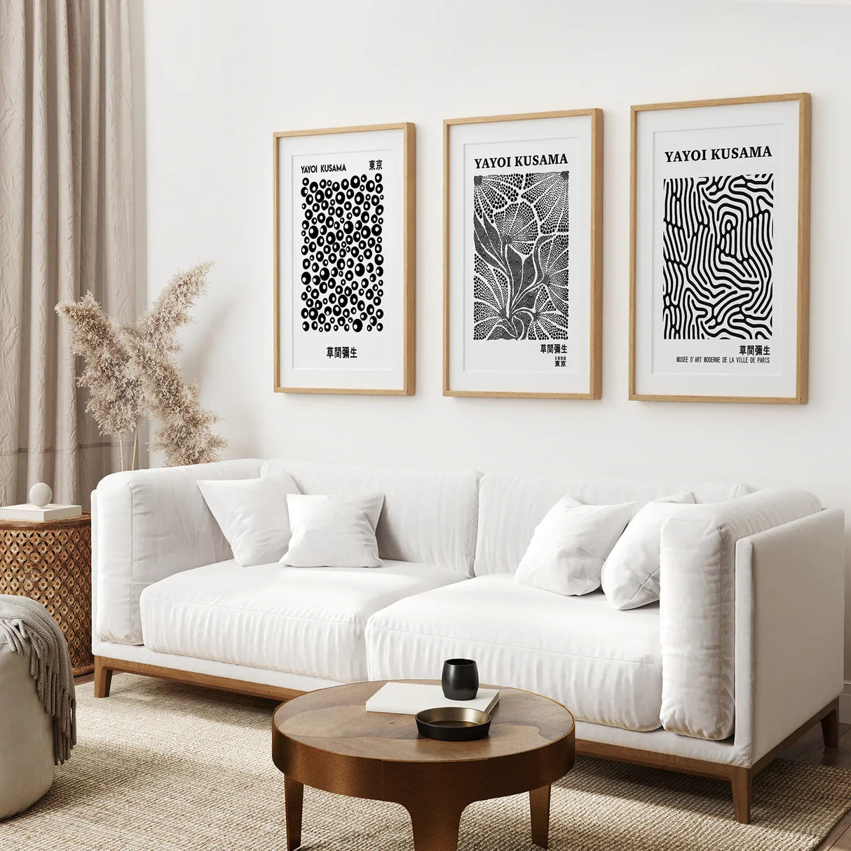 Black White set of 3 Piece Abstract Kusama Art