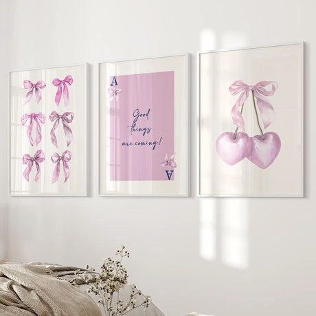 Trendy Pink Bows Wall Art Girly Print Decor Set