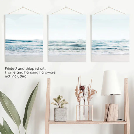 Blue Waves, Sandy Beach. Minimalist 3 Piece Wall Decor