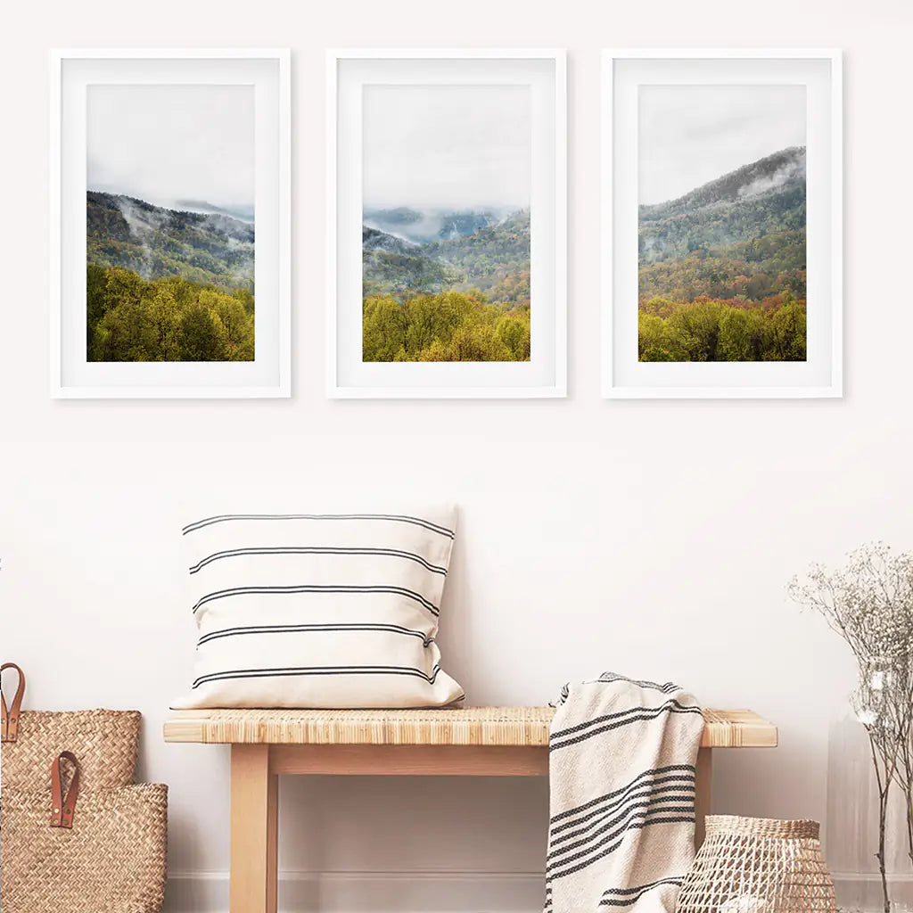 Foggy Mountains and Green Forest. Photo Triptych