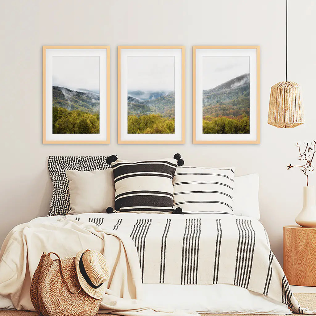 Foggy Mountains and Green Forest. Photo Triptych