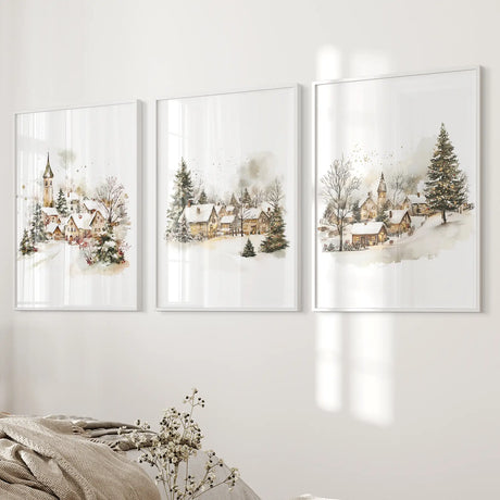 Vintage Snowy Christmas Set of 3 Wall Decor Prints