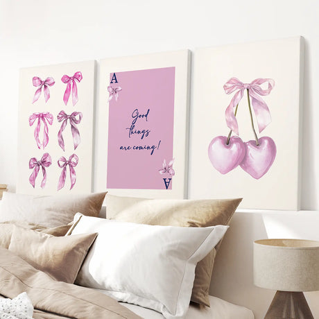 Trendy Pink Bows Wall Art Girly Print Decor Set