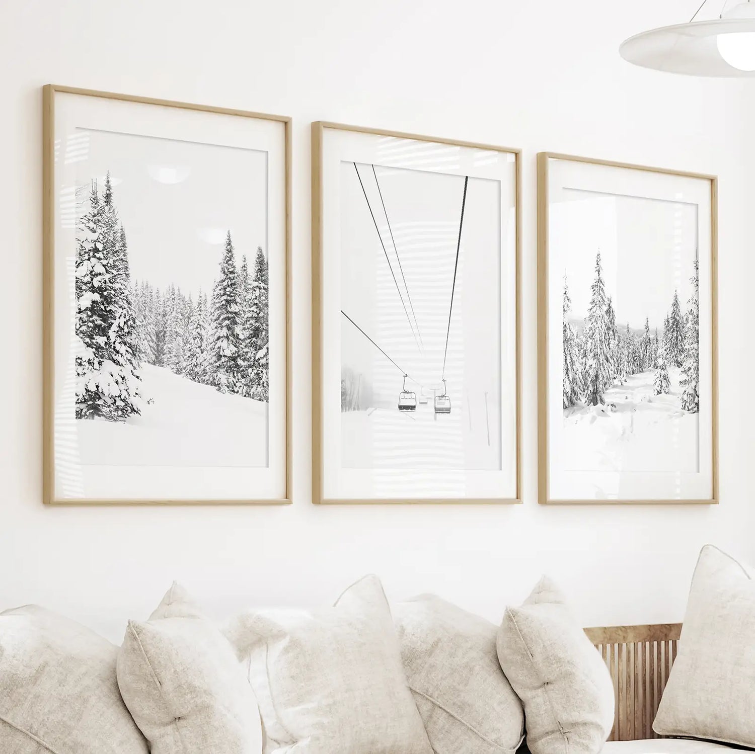 Winter Skiing Black White Wall Art. Ski Lift, Snowy Forest