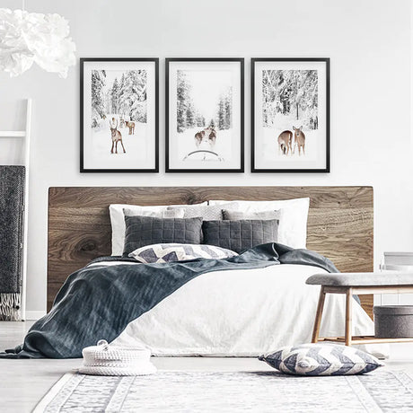 Winter Woodland Photo Set of 3. Fawn, Dog Sledding