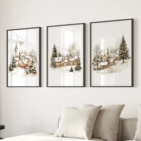 Vintage Snowy Christmas Set of 3 Wall Decor Prints
