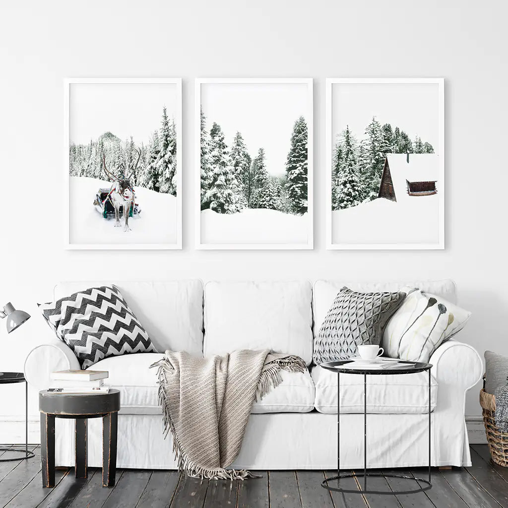 Winter Snowy Nature Triptych. Reindeer, Log Cabin, Pine Tree