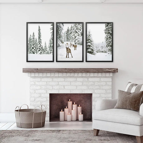 3 Piece Winter Landscape Wall Art. Snowy Pine Forest, Fawn