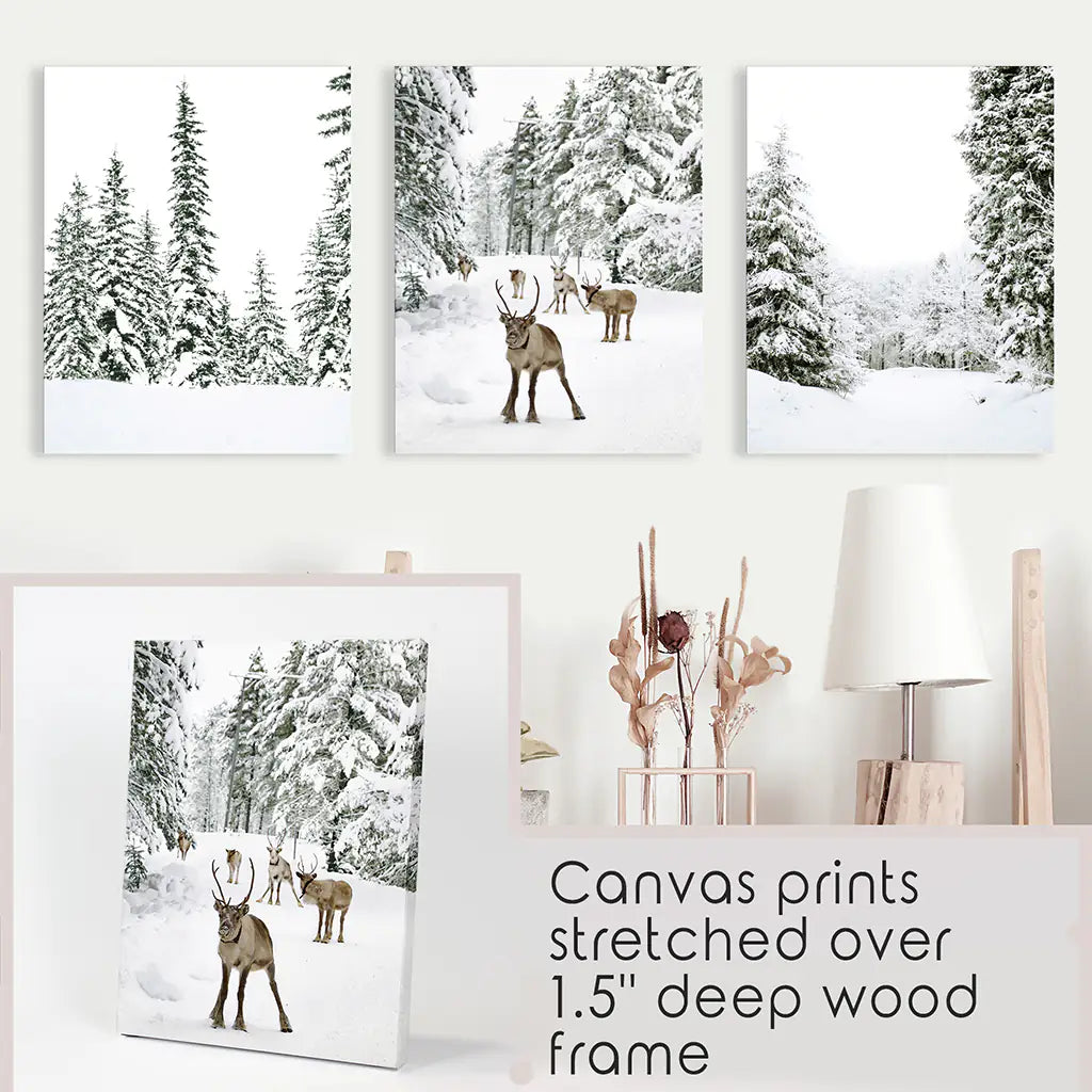 3 Piece Winter Landscape Wall Art. Snowy Pine Forest, Fawn