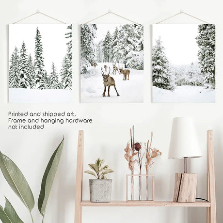 3 Piece Winter Landscape Wall Art. Snowy Pine Forest, Fawn