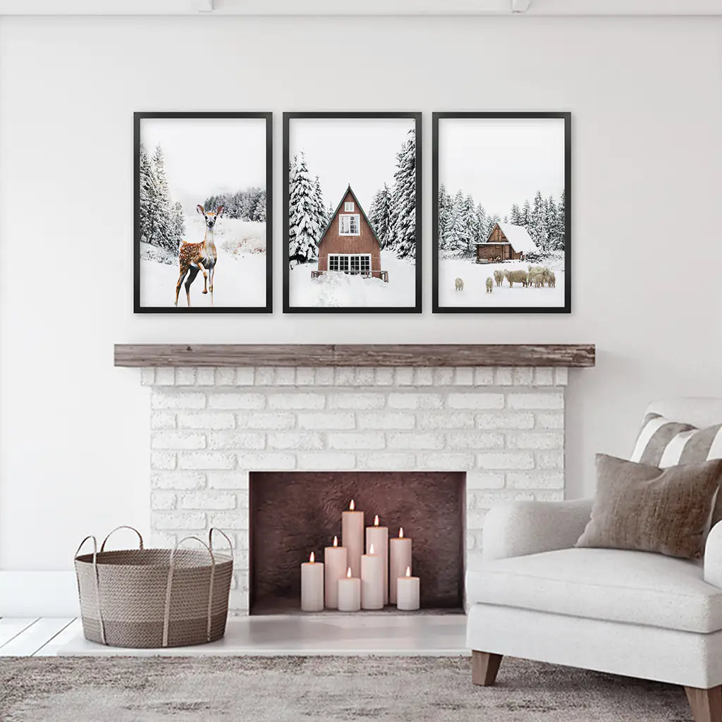 Rustic Winter Set of 3 Wall Art Prints. Animals, Log Cabin