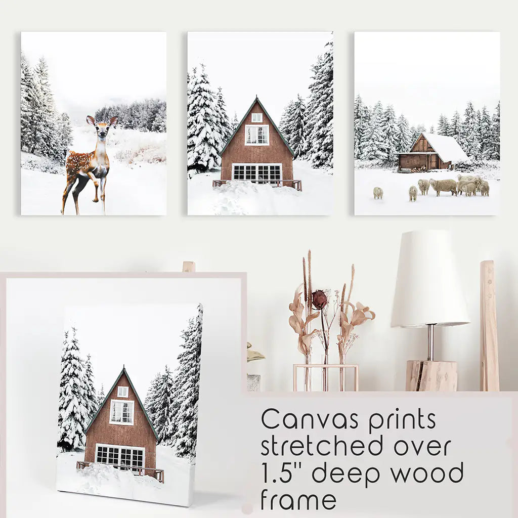 Rustic Winter Set of 3 Wall Art Prints. Animals, Log Cabin