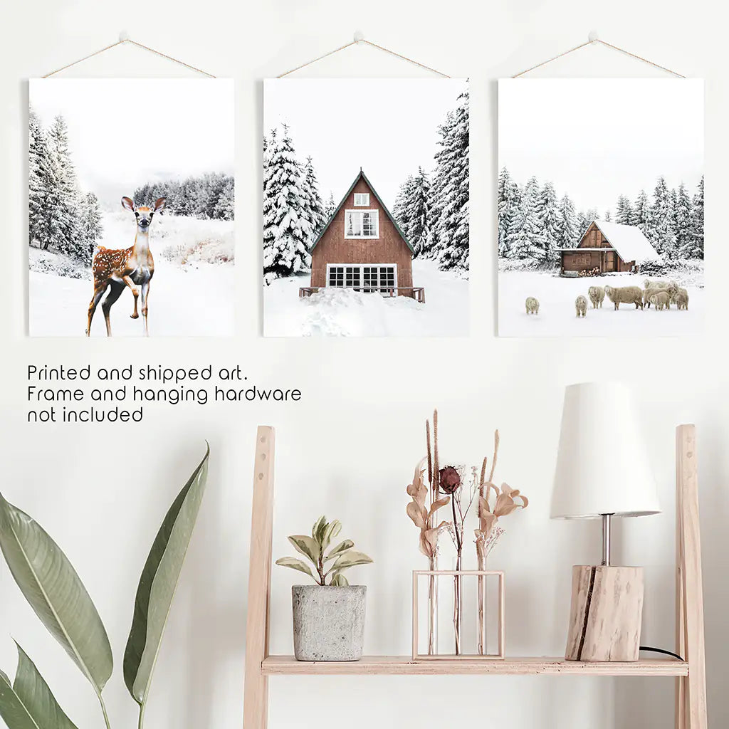 Rustic Winter Set of 3 Wall Art Prints. Animals, Log Cabin
