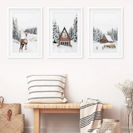 Rustic Winter Set of 3 Wall Art Prints. Animals, Log Cabin
