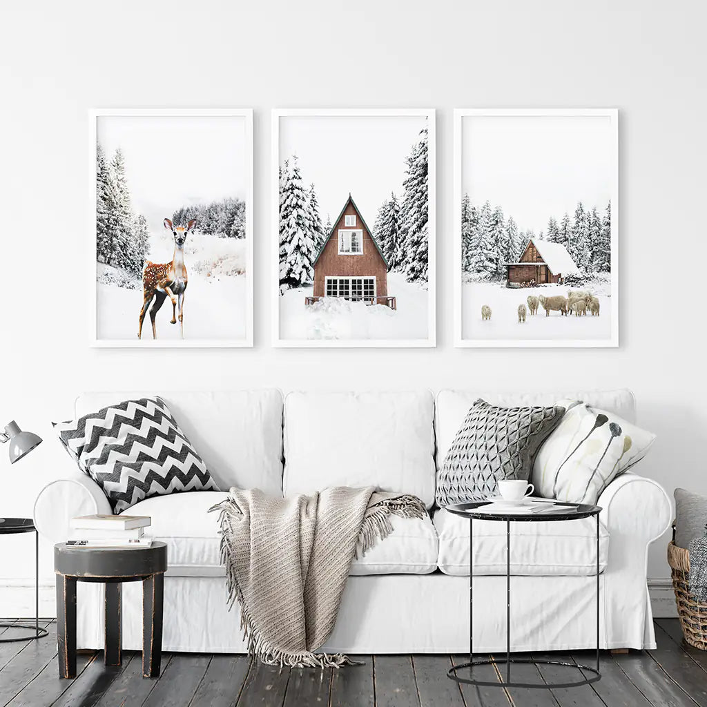Rustic Winter Set of 3 Wall Art Prints. Animals, Log Cabin