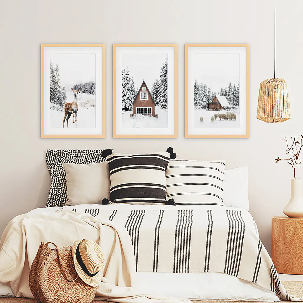 Rustic Winter Set of 3 Wall Art Prints. Animals, Log Cabin