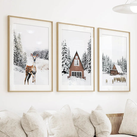 Rustic Winter Set of 3 Wall Art Prints. Animals, Log Cabin