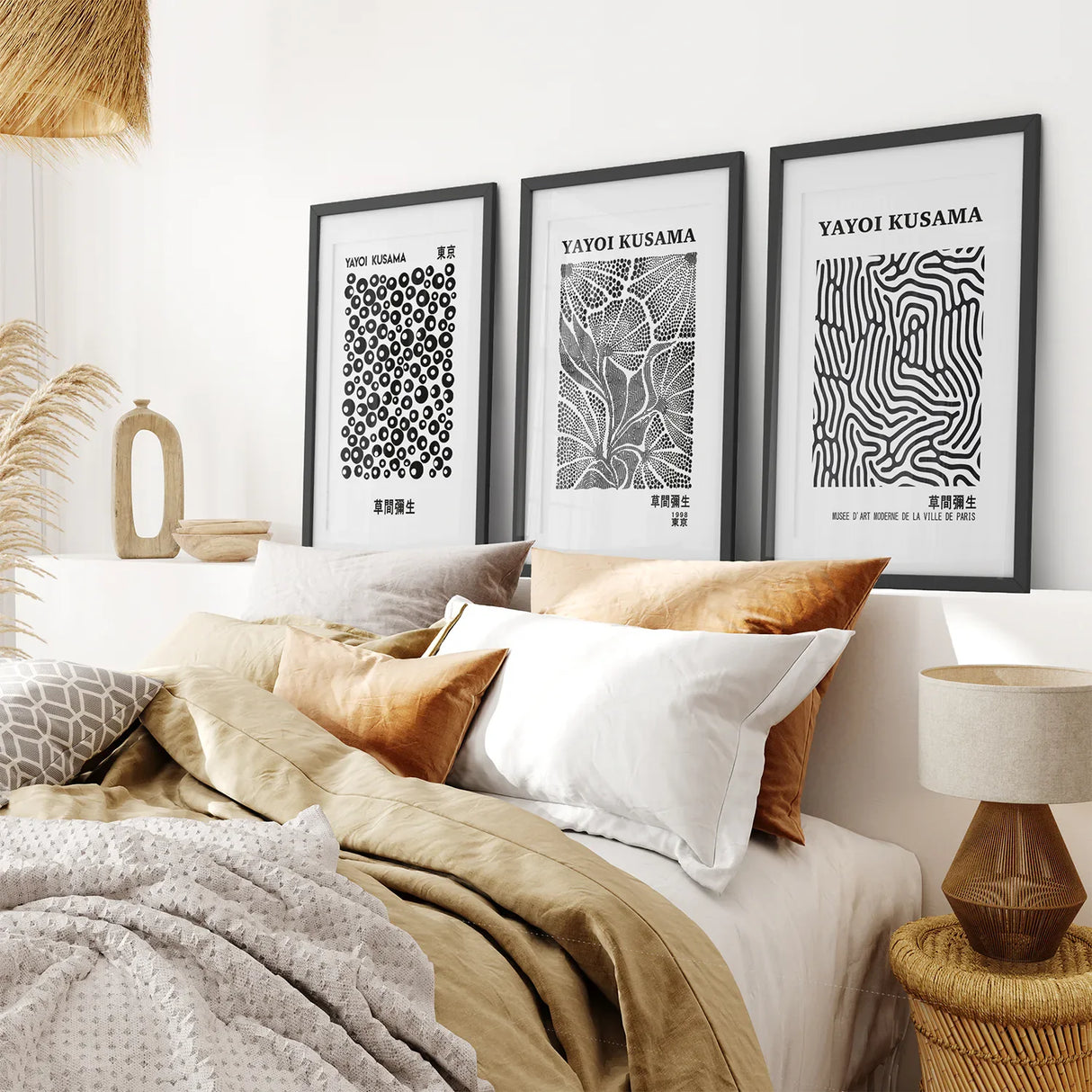 Black White set of 3 Piece Abstract Kusama Art