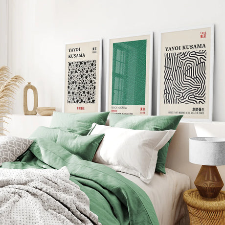 3 Piece Sage Green Abstract Japanese Wall Art Set. Yayoi Kusama