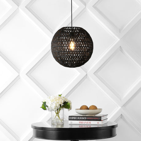 Luna-1-Light-Bohemian-Modern-Woven-Rattan/Iron-LED-Pendant-Black-Pendant