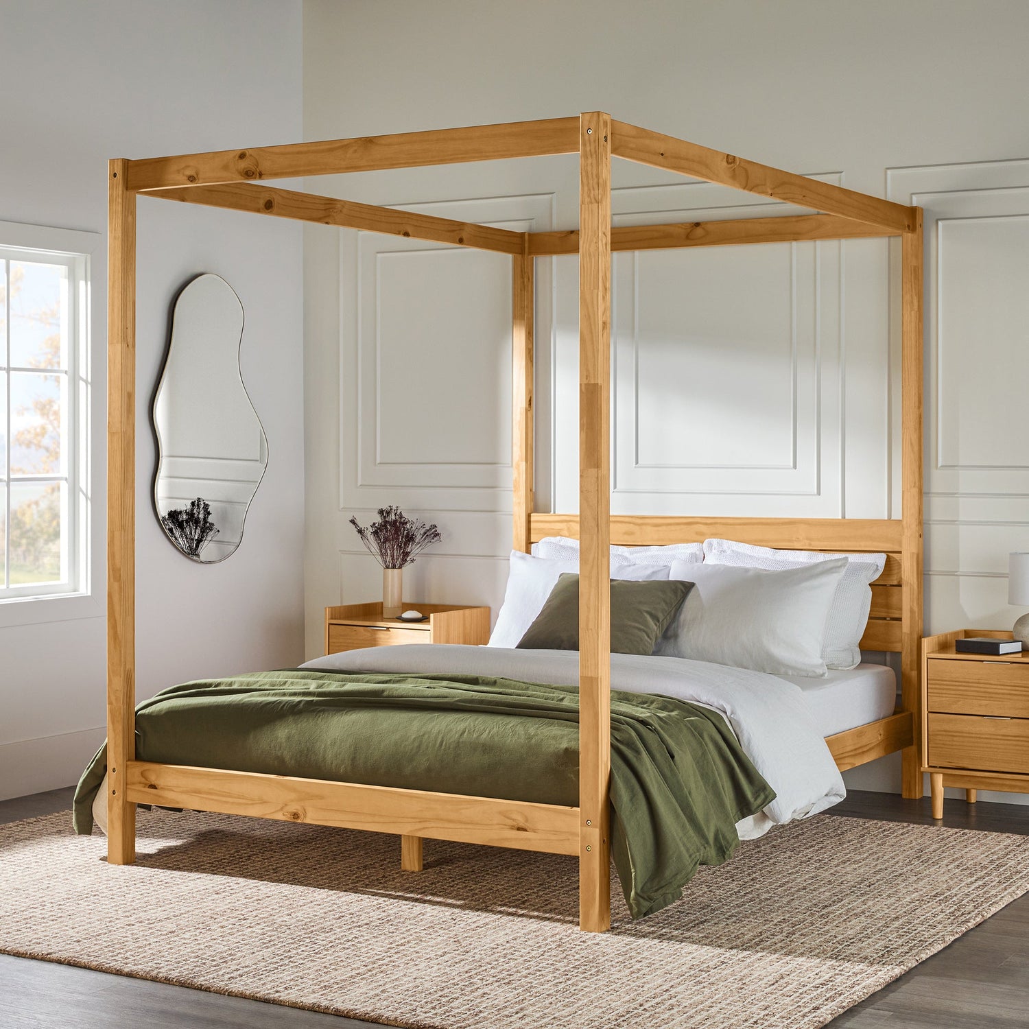 Modern minimalist boho queen canopy bedframe – natural pine