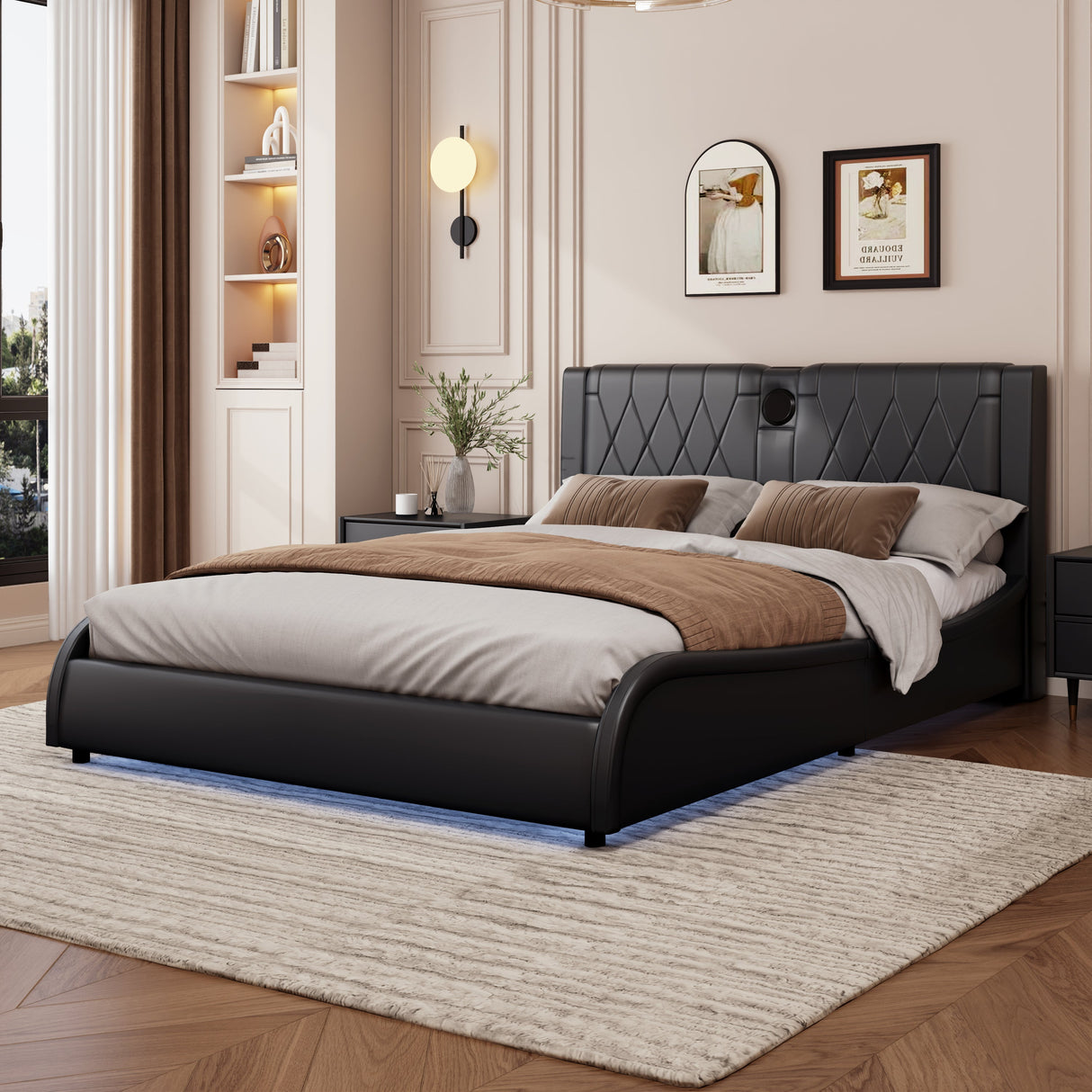 Queen-Size-Luxurious-Faux-Leather-Upholstered-Platform-Bed-with-Thickened-Headboard,-Bluetooth-Speakers-and-RGB-LED-Light,-No-Box-Spring-Needed,-Black-Beds-&-Bed-Frames
