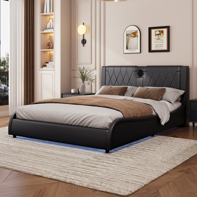 Queen-Size-Luxurious-Faux-Leather-Upholstered-Platform-Bed-with-Thickened-Headboard,-Bluetooth-Speakers-and-RGB-LED-Light,-No-Box-Spring-Needed,-Black-Beds-&-Bed-Frames