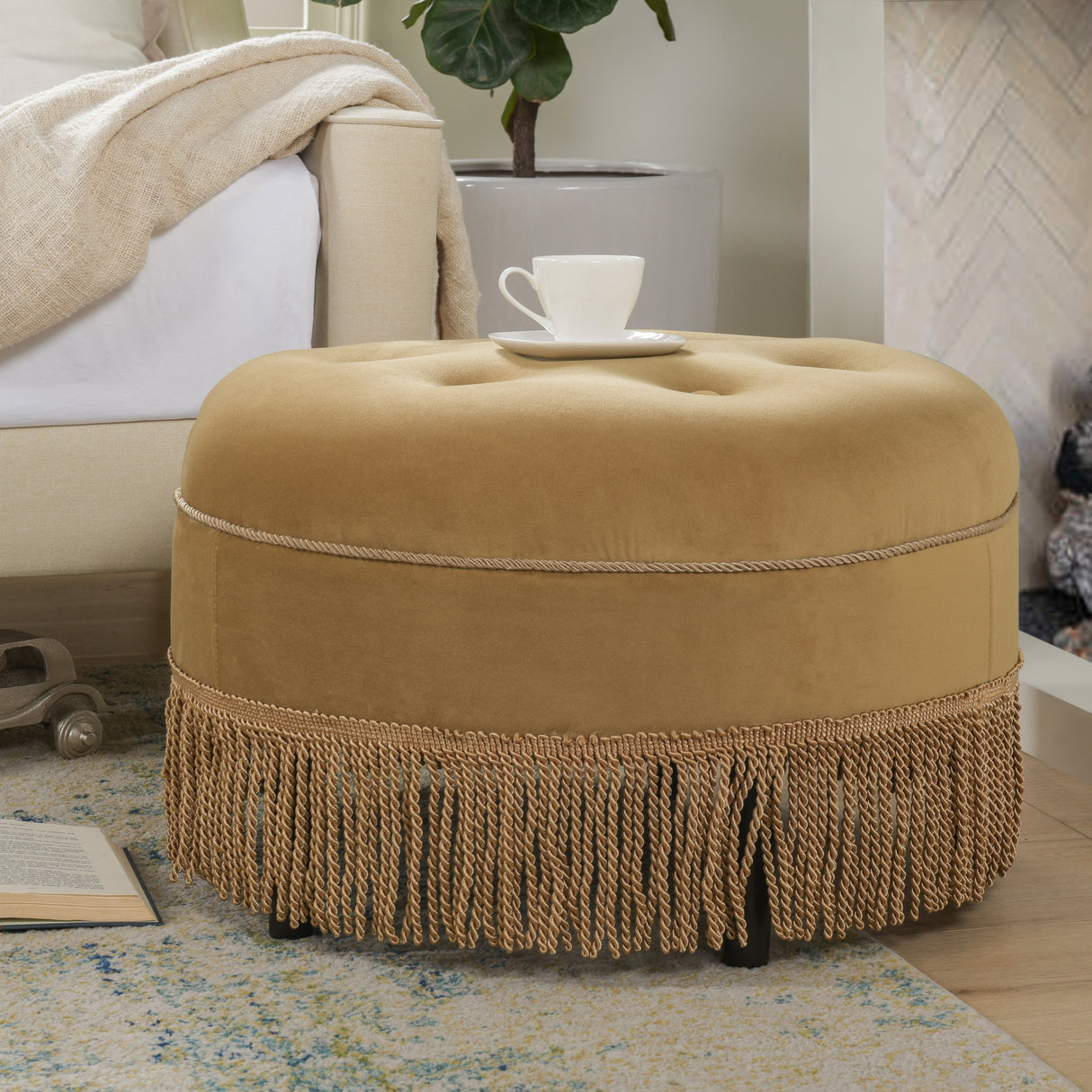 Yolanda-24'-Round-Upholstered-Accent-Ottoman,-Gold-Yellow-Velvet-with-Gold-Trim-