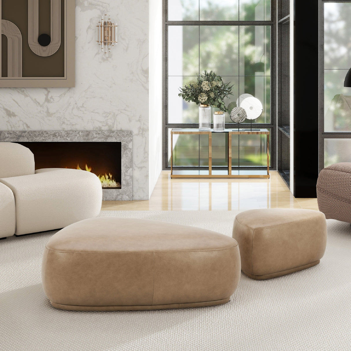 Pebble-44'-Rounded-Triangle-Cocktail-Ottoman,-Tuscan-Tan-Brown-Top-Grain-Leather-