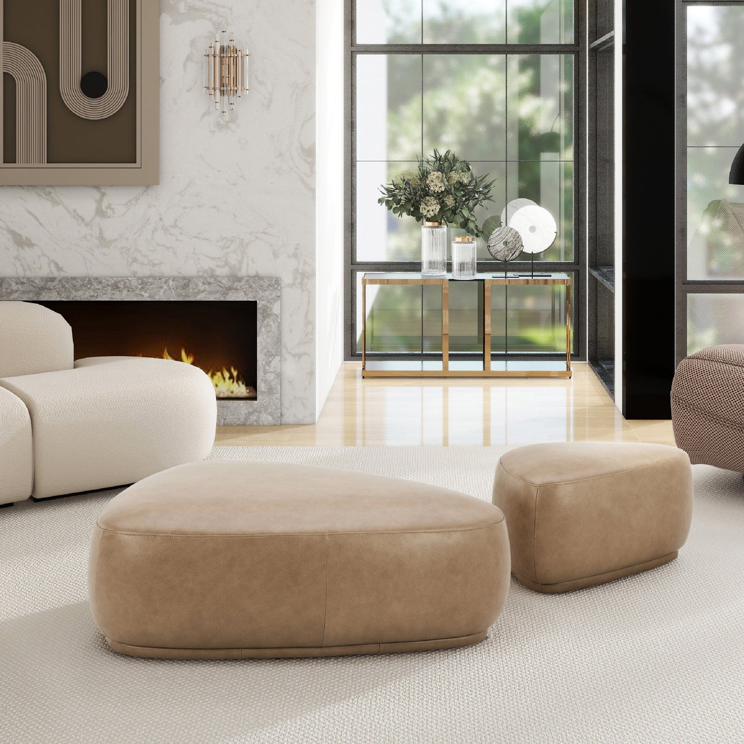 Pebble-44'-Rounded-Triangle-Cocktail-Ottoman,-Tuscan-Tan-Brown-Top-Grain-Leather-