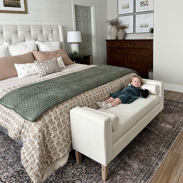 56 Inch Modern Boucle Accent Bench with Round Pillows