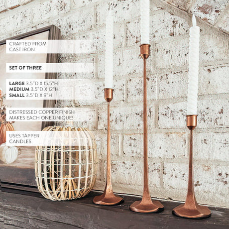 Copper Finish Cast Iron Taper Candle Holders, Set of Three
