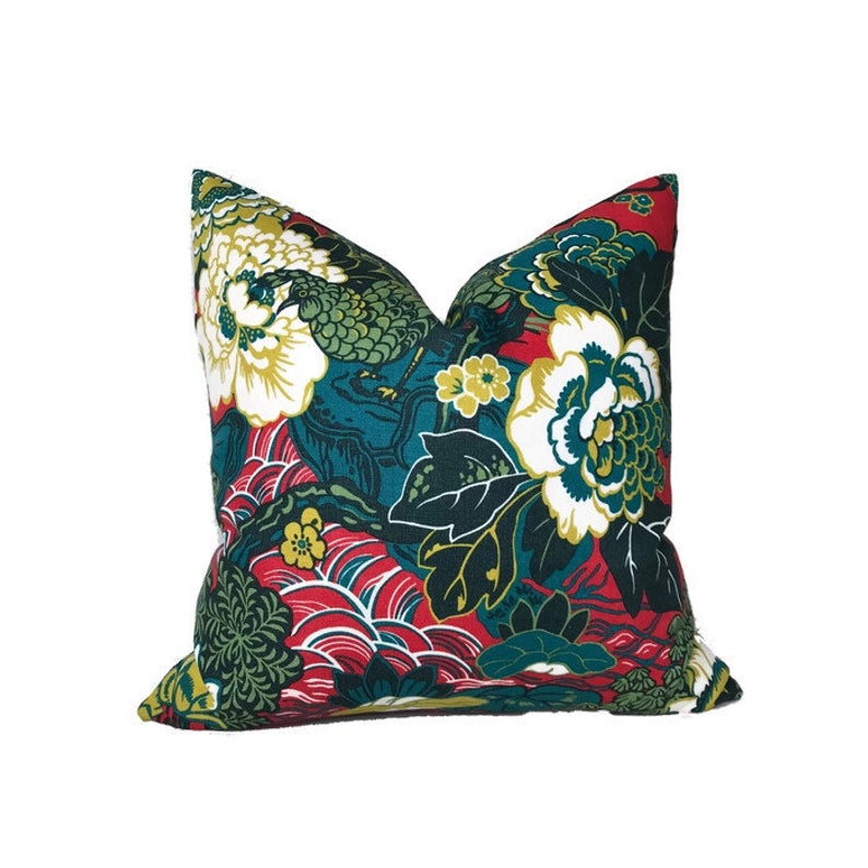 Shanghai Peacock Pillow Cover in Cerise, Schumacher Textiles