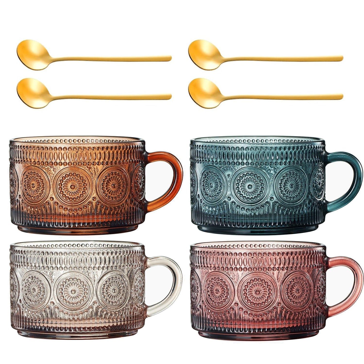 Tonal Hobnail Mug Glassware with Four Gold Spoons, Set of 4