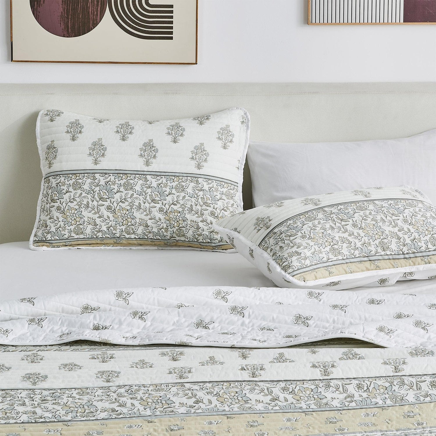Floral Striped Microfiber Quilt Set - Hermine Collection