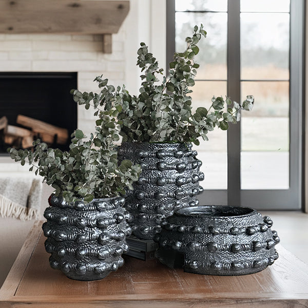 Handcrafted Textured Outdoor Matte Black Planters, Set of 3