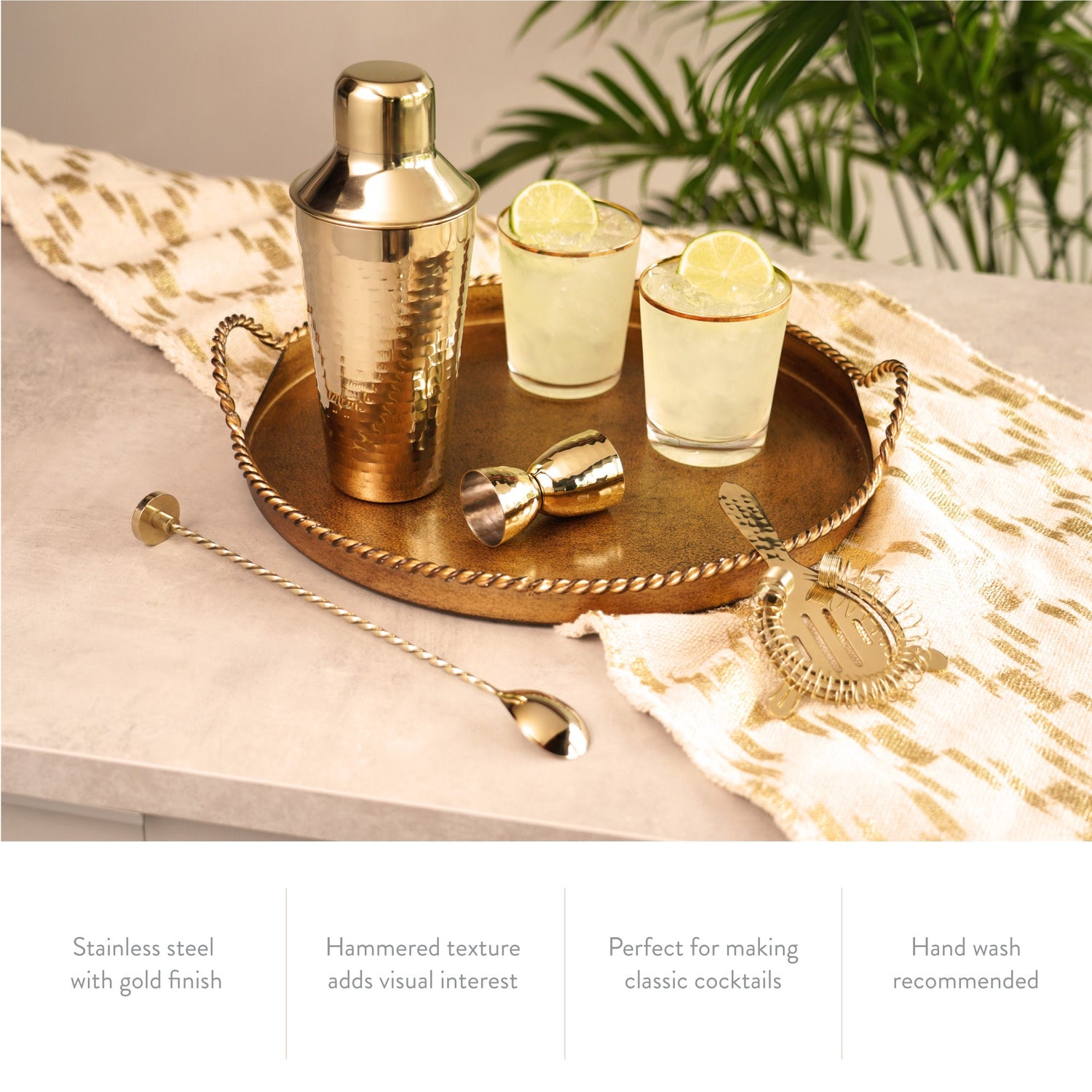 Hammered 4-Piece Barware Set in Gold
