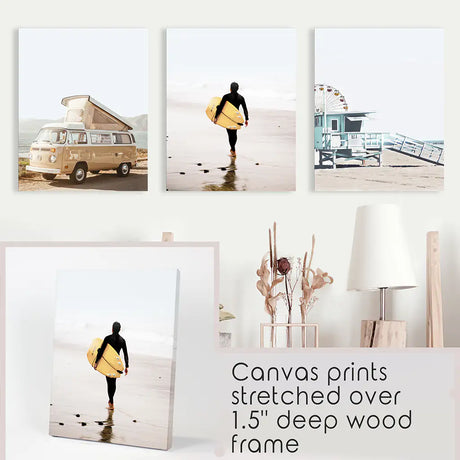 Surfer on the Sand Wall Art Set. Yellow Bus, Lifeguard Tower