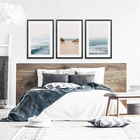Modern Beach Set of 3 Posters. Sandy Beach, Waves, Surfers