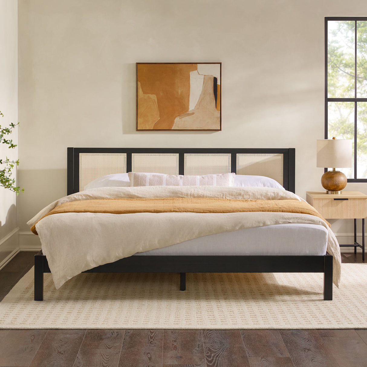 Boho solid wood rattan panel headboard king bedframe – black