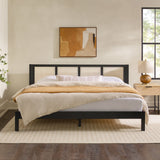 Boho solid wood rattan panel headboard king bedframe – black