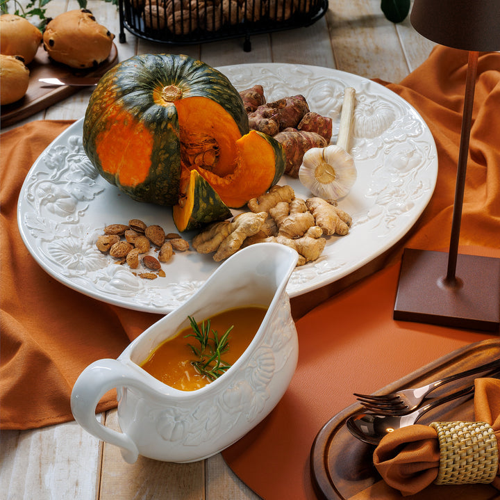 Pumpkin Leaf Turkey Platter and Gravy Boat Set, White Embossed Pumpkin Fall Harvest, Made in Italy