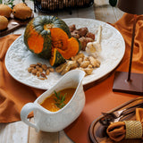 Pumpkin Leaf Turkey Platter and Gravy Boat Set, White Embossed Pumpkin Fall Harvest, Made in Italy
