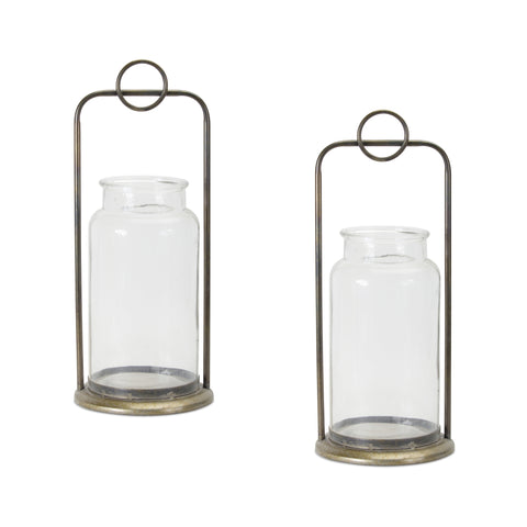 Chic-Antique Metal Candle Holder with Glass Jar (Set of 2) - Clear, 7.75 x 7.75 x 19.5"
