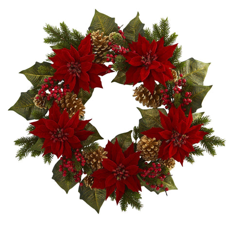 24”-Poinsettia,-Berry-and-Golden-Pine-Cone-Artificial-Wreath-Red-Decorative-Flora