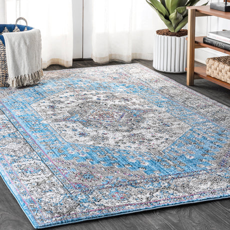 Vintage Medallion Area Rug - Bright Turquoise, Gray, and Ivory