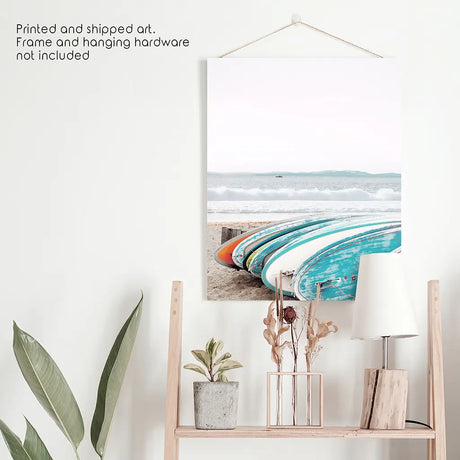 Colored Surfboards on The Beach. Ocean Surfing Print