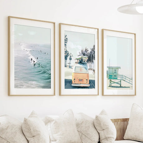 California Wall Art. Surfers on the Waves, Yellow Van, Lifeguard